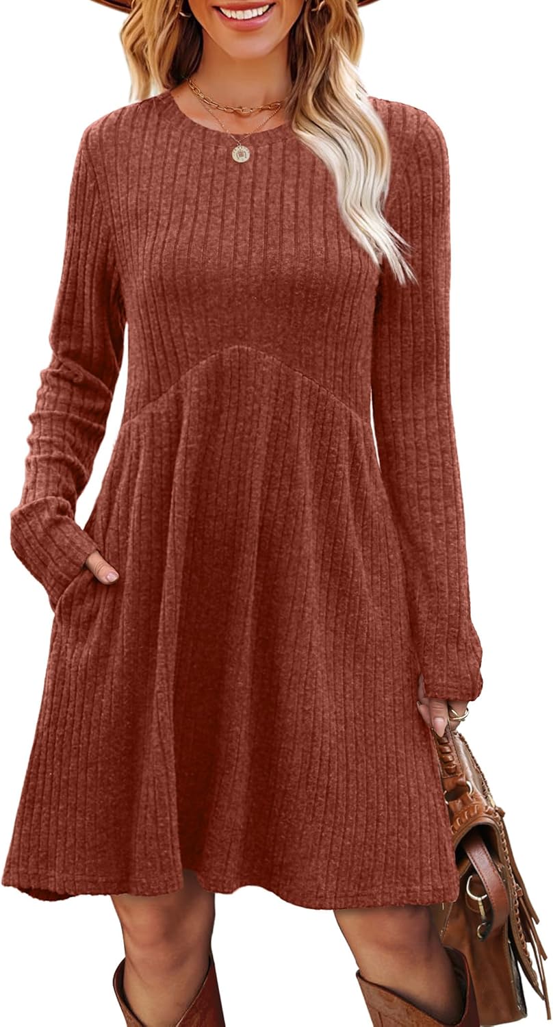 OFEEFAN Long Sleeve Dress for Women Crew Neck Empire Waist Tunic Dress with Pockets - Image 3