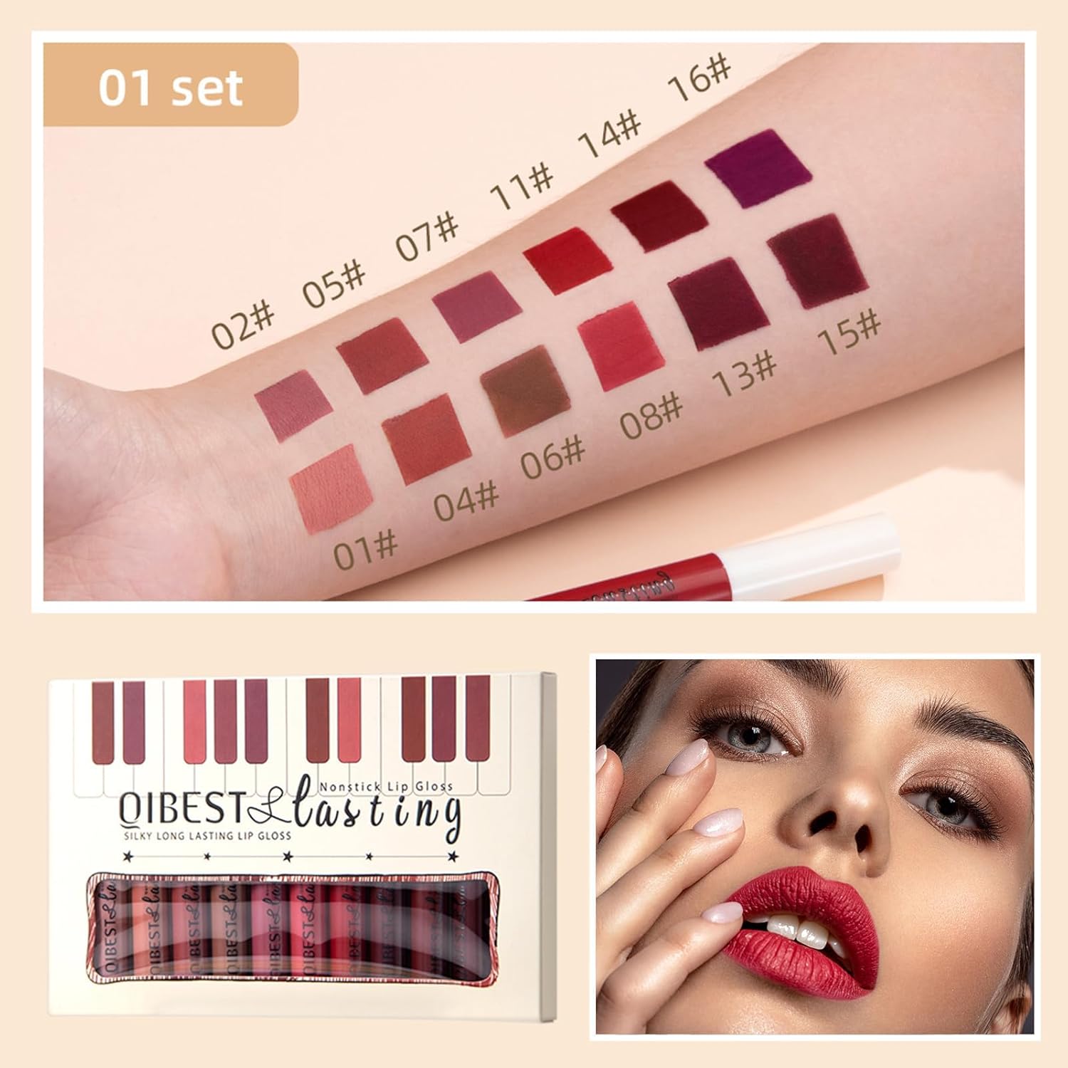 QiBest 12Pcs Matte Liquid Lipstick Set for Girls & Women, 24 Hours Long Lasting Waterproof Nude Dark Red Lip Gloss Valentine Gift Makeup Kit, Non-Stick Cup Mate Duracion 24 Horas Originales Lip Stains - Image 2