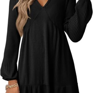 Dokotoo Spring Dresses for Women 2026 Long Sleeve V Neck Lightweight Ribbed Knit Empire Waist Casual A Line Swing Mini Dress