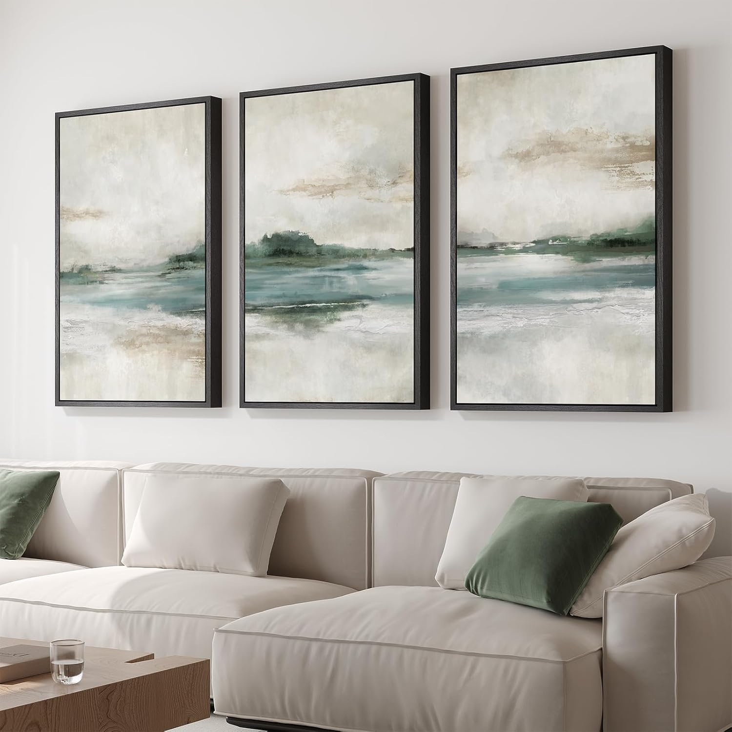 Large Framed Abstract Nature Landscape Wall Art for Living Room, Set of 3 Modern Canvas Prints Paintings Artwork for Walls, Green Lake Pictures for Hallway, Dining Room, Office Wall Decor 24x36 Inch - Image 2