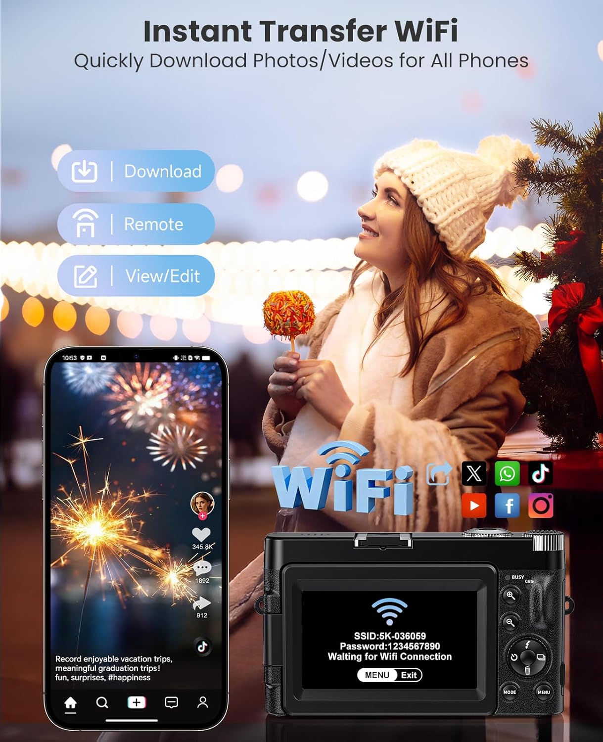 4K Digital Camera for Photography, WiFi Autofocus 64MP Vlogging Camera for YouTube, 180° 3" Flip Screen 30FPS Video Cameras with Flash Anti-Shake 16X Zoom 32GB Card, Compact Travel Digital Camera - Image 3