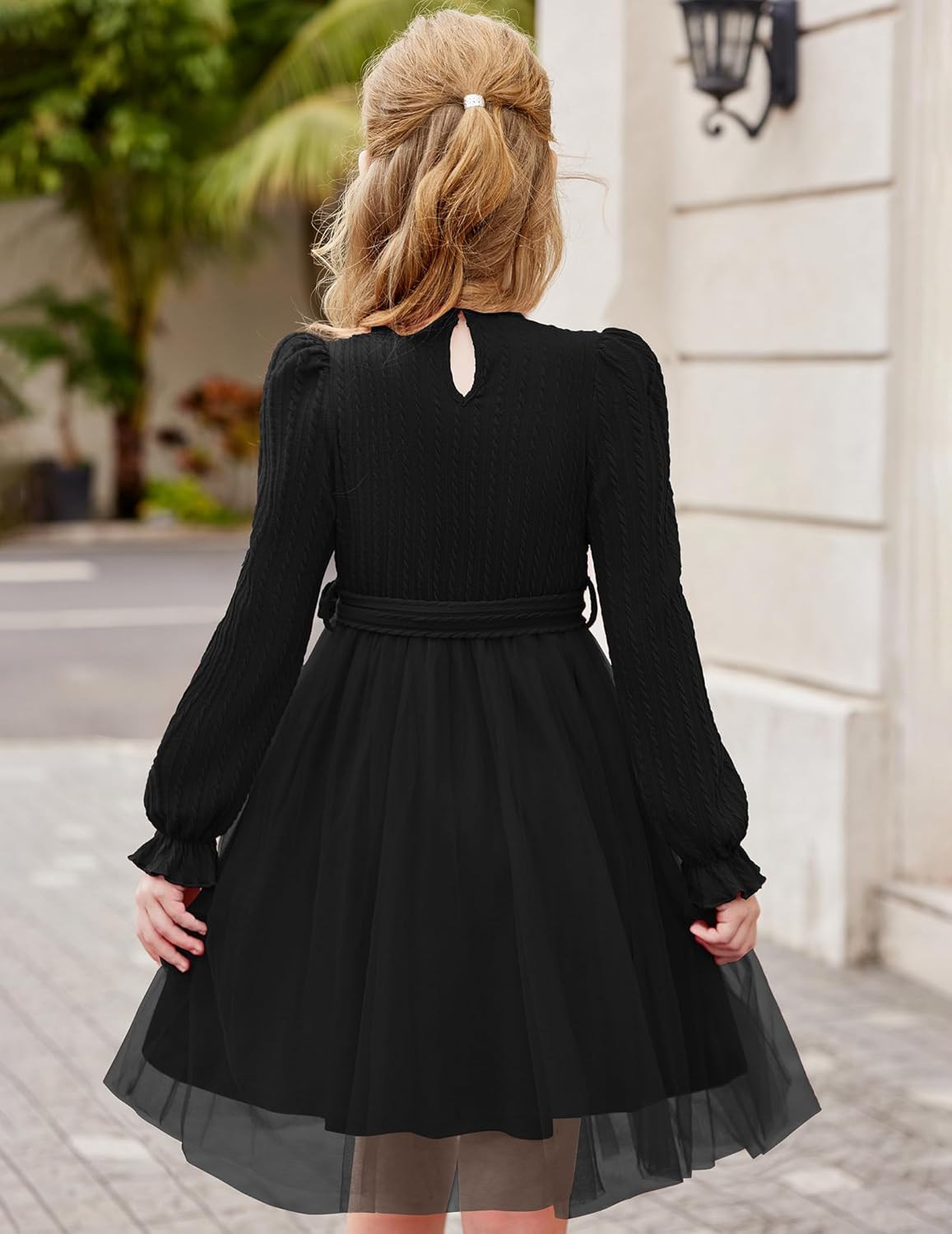 Arshiner Girls Tulle Dress Puff Long Sleeve Mock Neck Cable Knit Sweater Formal Casual Fall Winter Tutu Dresses with Belt - Image 5