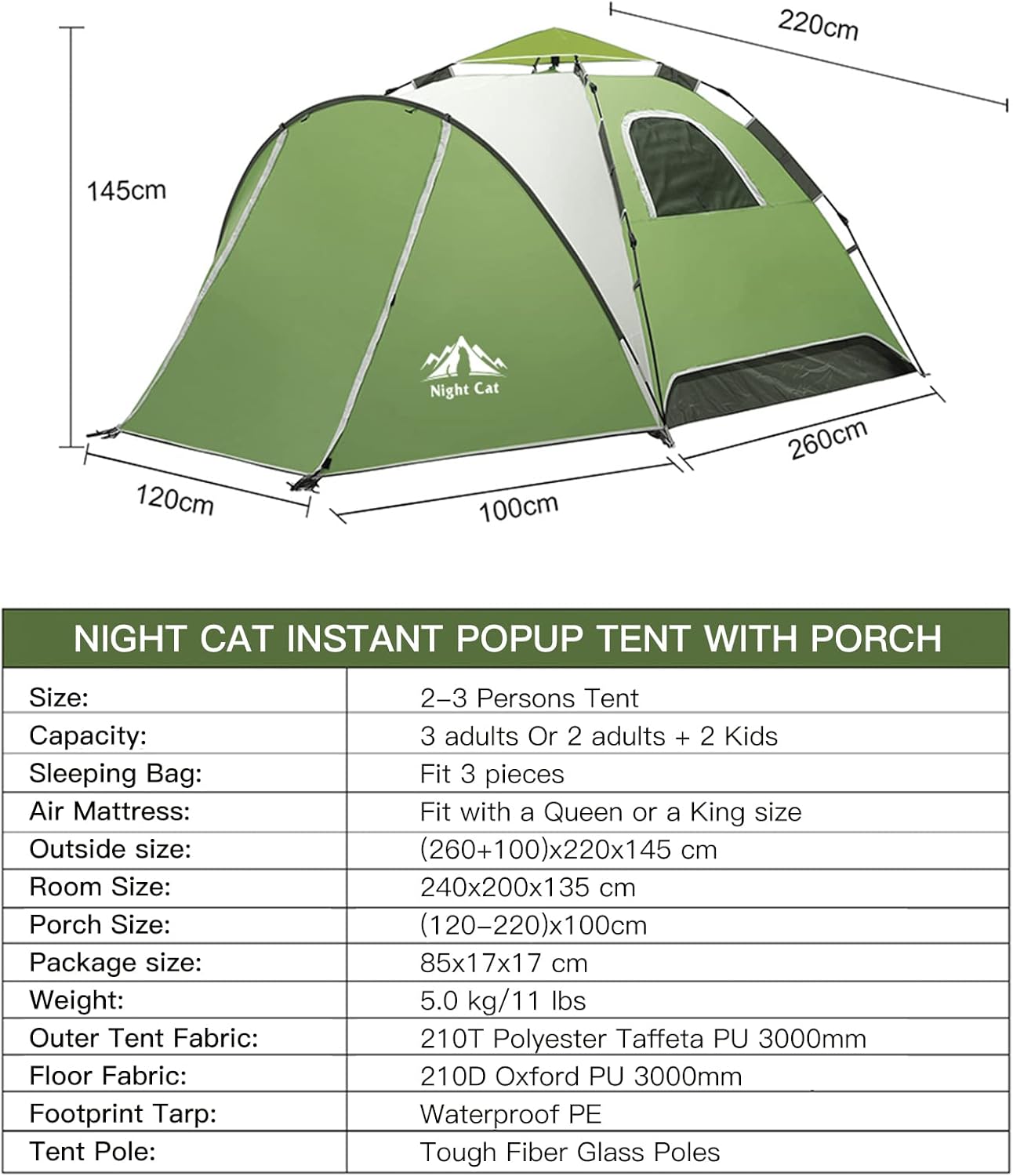 Night Cat Instant Popup Tents 2-3 Persons with Footprint Tarp Easy Setup Camping Tent with Rainfly Double Layers Waterproof Automatic Hydraulic Mechaism - Image 2