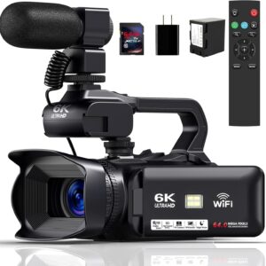 Camcorder Video Camera 6K 64MP IR Night Vision Vlogging Camera for YouTube 18X Digital Zoom 4.0 Inch Touch Screen Video Camera with WiFi, Microphone, Remote Control, 64GB SD Card,Stabilizer