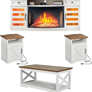 AMERLIFE Farmhouse Living Room Table Set of 4, Include 70″ Fireplace TV Stand with 36″ Curved Electric Fireplace, Coffee Table & 2 End Tables with Charging Station, White+Barnwood