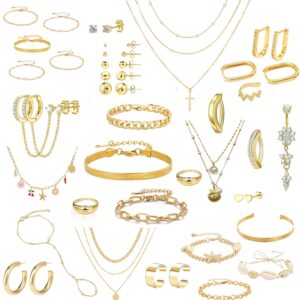 Gold Jewelry Set for Women,18K Gold Plated Jewelry Set with 9 Necklace, 9 Bracelet, 25 Ear Cuffs Earring, 5 Ankle Bracelets ,2 Rings and 3 Belly Button rings for Women Valentine Anniversary Birthday Gifts