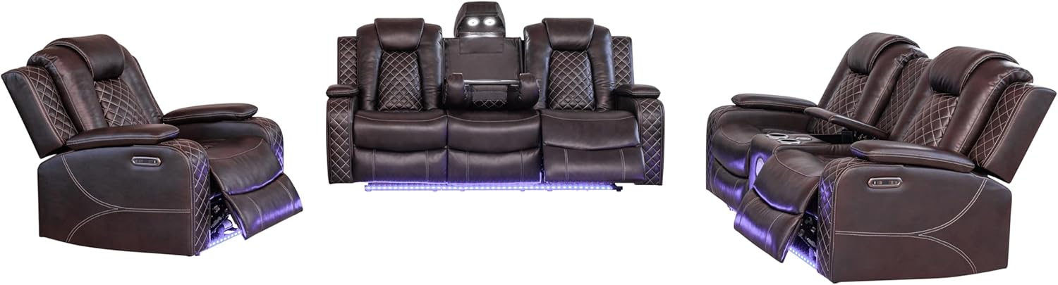 Ball & Cast Power Recliner Sofa Set Leather Reclining Sofa Set Living Room Furniture Set 3PCS Recliner Couch Loveseat & Chair Sets with Coffee Table,Reading Light,Cup Holders for Home Theater Seating - Image 14