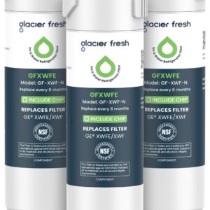 GLACIER FRESH Water Filter Compatible with XWFE (Built-in CHIP), Replacement for GE XWFE, XWF Refrigerator Water Filter NSF/ANSI 42 Certification Pack of 3