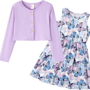PATPAT Toddler Girl Dress 2 Piece Girl Sleeveless Dress and Cotton Cardigan Set with Pockets, 18M-12Y