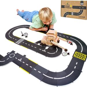 Jovi-mindly ＆Notchies 39 Pieces Cardboard Road Puzzle Car Track Flexible Race Track for Kids Car Truck/Kids Travel Toys/Stem Toys Activities for Ages 3+ Boy and Girl
