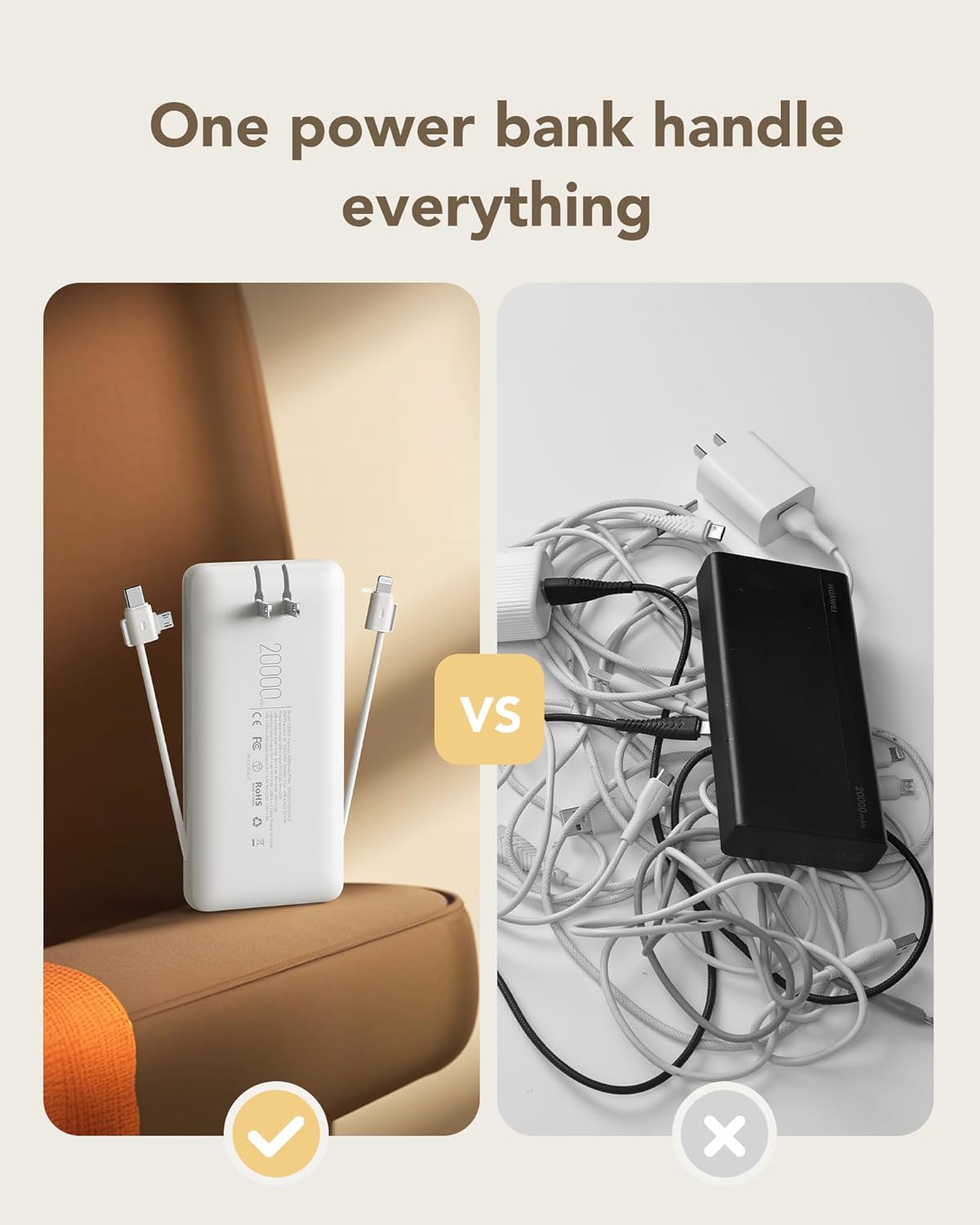 charmast 20000mAh Portable Charger with Built-in Cables & Wall Plug, 20W USB C Power Bank, Fast Charging Battery Pack Travel Essentials Compatible with iPhone 16/15/14 Series, Samsung, Google, iPad - Image 4