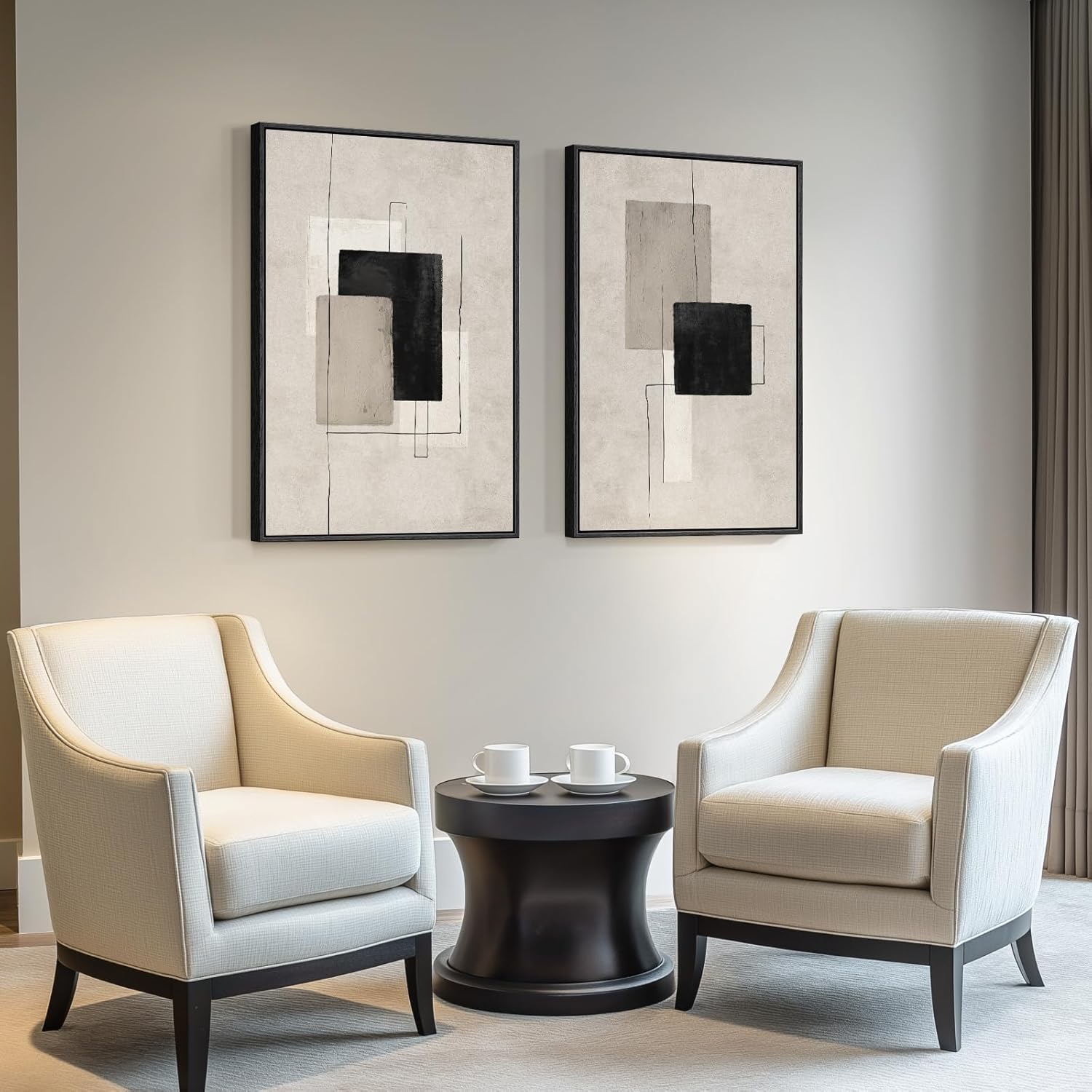 Large Framed Neutral Abstract Wall Art for Living Room, Set of 2 Black and Beige Modern Canvas Prints Paintings Artwork for Walls, Minimalist Block Lines Pictures for Hallway Office Wall Decor 24x36 In - Image 8