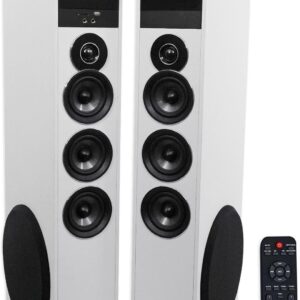 Rockville TM150W Powered Home Theater Tower Speaker System, White, 1000W, 10″ Subwoofers, Bluetooth, USB/SD Playback, FM Radio, Remote Control, Karaoke Ready, Perfect for Home Entertainment
