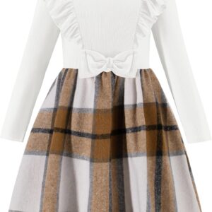 Arshiner Girls Fall Winter Dress Plaid Ribbed Ruffles Long Sleeve Dresses Cute Bowknot Little Girls Clothes 2-6 Years