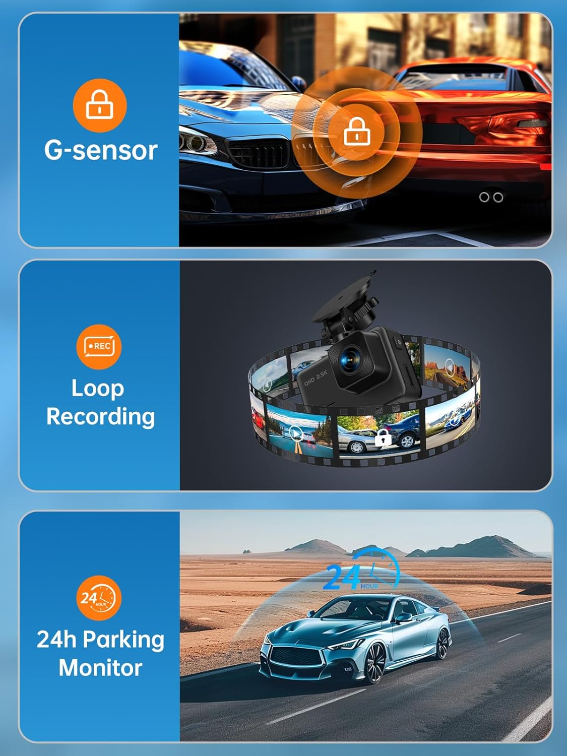 Dash Cam Front and Rear, 2.5K+1080P Dual Dash Camera for Cars, 2’’ Display Mini Car Camera, G-Sensor Dashcam, Night Vision, 24H Parking Mode, Loop Recording, 170°Wide Angle, 32GB Card Included - Image 7