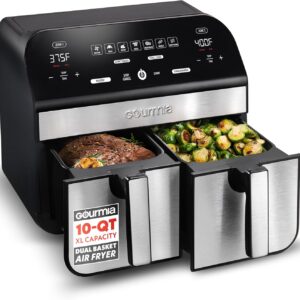 Gourmia Dual Basket Air Fryer – 10 Qt Large Capacity, FryForce360º, Digital Display with 7 Presets, Roast, Bake, Broil, Dehydrate, Match Cook, Sync Finish, Dishwasher Safe Accessories, Black