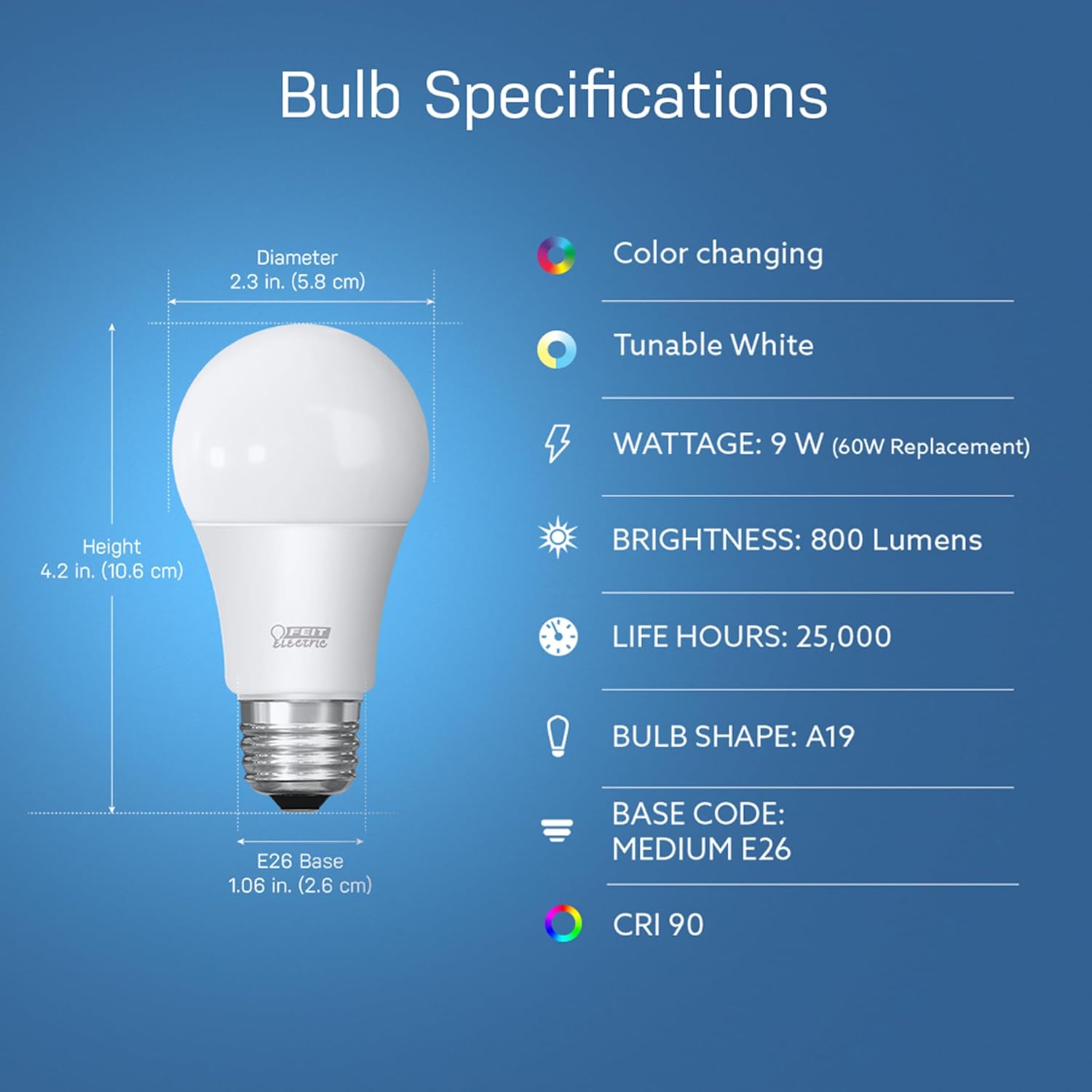 Feit Electric Smart Light Bulbs with RGBW Color Changing and Tunable White, 60W Replacement, Dimmable, Wi-fi Enabled, No Hub Needed, Works with Alexa and Google, OM60/RGBW/CA/AG/3, 3 Pack - Image 2