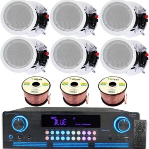 Home Theater Sound System Kit – 2000 Watts Bluetooth Amplifier w/ 6 Qty of 8″ Framed Ceiling Speakers 300 W Each, 300 ft Speaker Wire & Remote for Home, Bar, Office, Restaurant by Technical Pro