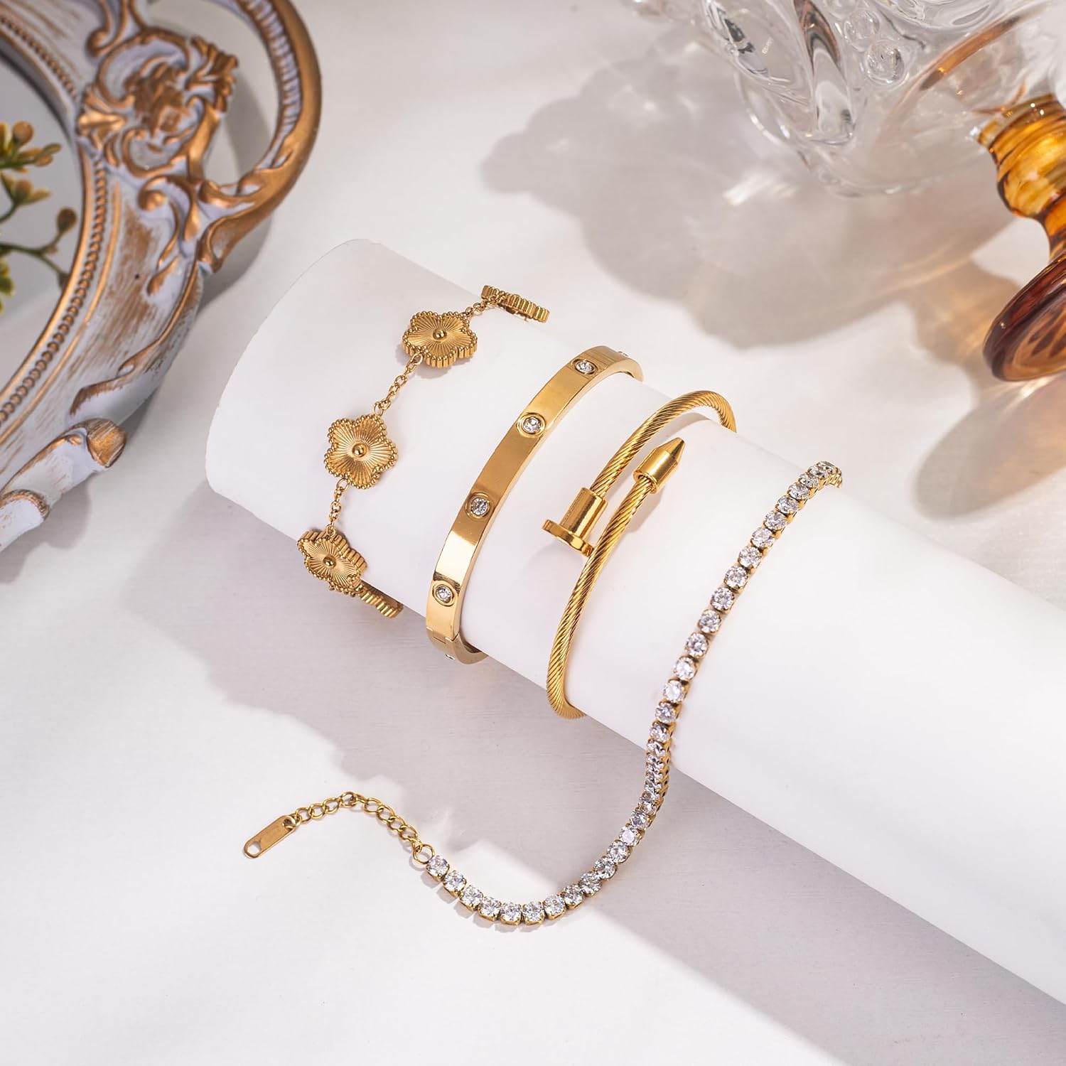 18K Gold Plated Nail Love Bangle Bracelet Set for Women Stackable Floral Clover Adjustable Tennis Bracelet Non Tarnish Gift Jewelry for Christmas Valentines Birthday Mother's Day - Image 3