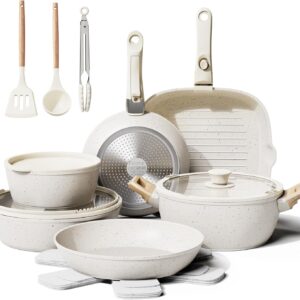 19 Pcs Pots and Pans Set Non Stick Ceramic Cookware Set with Removable Handles, Non Toxic Induction Kitchen Cookware Sets RV Cookware,Dishwasher/Oven Safe PFAS/PTFE/PFOA Free Cream White