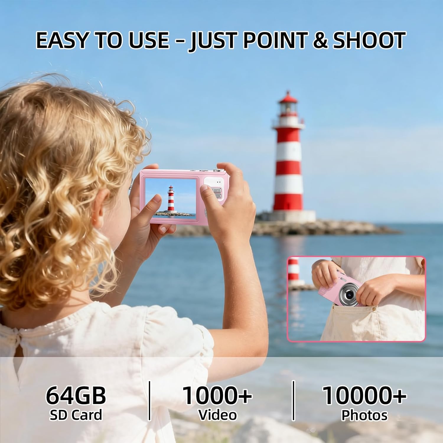 Digital Camera, 64MP 4K Camera for Kids with 2.8" IPS Screen, 64GB SD Card and 16X Digital Zoom Anti Shake, Point and Shoot Compact Camera, Compact Portable Small Gift for Boys Girls Students - Image 3