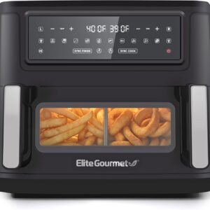 Elite Gourmet Dual Zone Air Fryer Oven, 11QT Capacity with Divider, PFAS Free Nonstick, SYNC FINISH, 10 Preset Functions, Bake, Roast, Broil, Air Fry, Toast, Dehydrate, 1600W, with 25 Recipes, Black