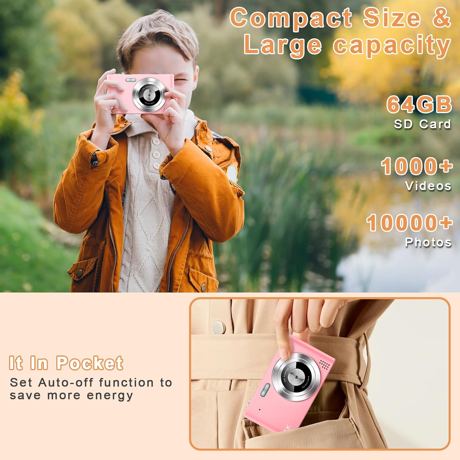 Digital Camera, Camera for Kids, UHD 4K 48MP Point and Shoot Digital Cameras with 64GB SD Card and 16X Digital Zoom Anti Shake, Compact Portable Small Gift for Boys Girls Students, Pink - Image 5