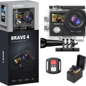 AKASO Brave 4 Action Camera 4K 30fps with 64GB MicroSD U3 Card Bicycle Helmet Accessories Kit Bundle, 20MP Ultra HD 131FT Waterproof Underwater Camera EIS WiFi Remote Control 5X Zoom Sport Cameras