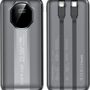 Power Bank, 20000mha PD 22.5W Portable Charger with 4 Built-in Output Channels 2 Output Cables,QC3.0 Fast Charging Power Bank, for iPhone and Android Phones Most Electronic Devices Space Grey