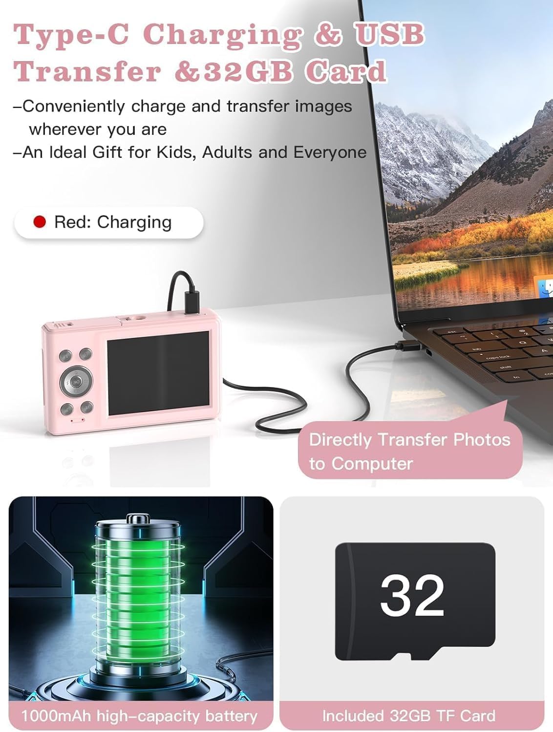 Upgrade Digital Camera, 56MP FHD 1080P Camera for Kids with 16x Zoom Anti Shake, Kid Camera with 32GB TF Card, Two Batteries, Lanyard, Compact Small for Kids Boys Girls(Pink) - Image 4