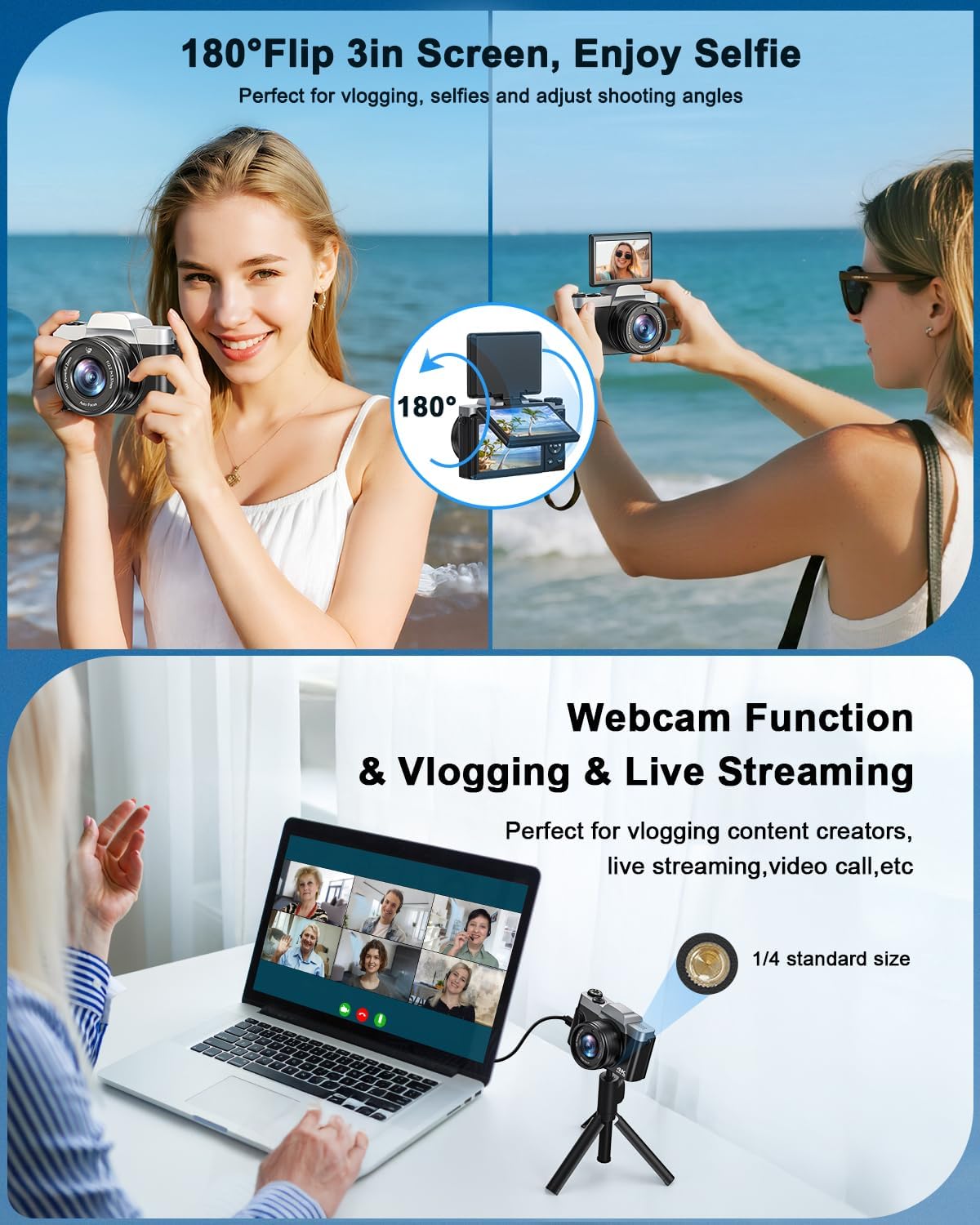 4K Digital Camera for Photography, WiFi 64MP Autofocus Vlogging Camera for YouTube, 3" 180° Flip Screen, 16X Zoom Antishake Compact Point and Shoot Travel Cameras with 32GB SD Card, 2 Batteries, Black - Image 5