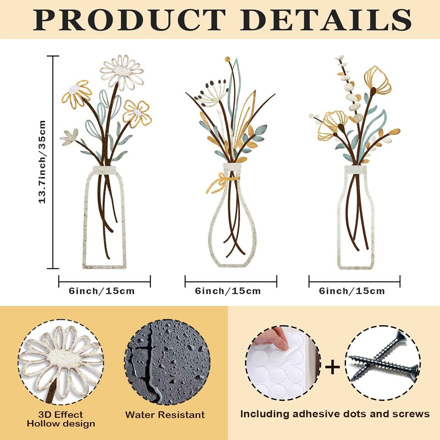 Pigort 3 Pieces Metal Flowers Wall Art- Rustic Farmhouse Decor Minimalist Decor for Living Room Bathroom Bedroom Dining Room, Housewarming Gifts Christmas Decoration(Beige, Vase-C) - Image 2