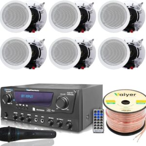 Home Theater System Kit 1000 Watts Bluetooth Receiver w/ 6 Qty 5.25″ 175 Watts Each in-Wall in-Ceiling Speakers & 16 Gauge 250 ft. Speaker Wire Portable Microphone w/Remote Control by Technical Pro