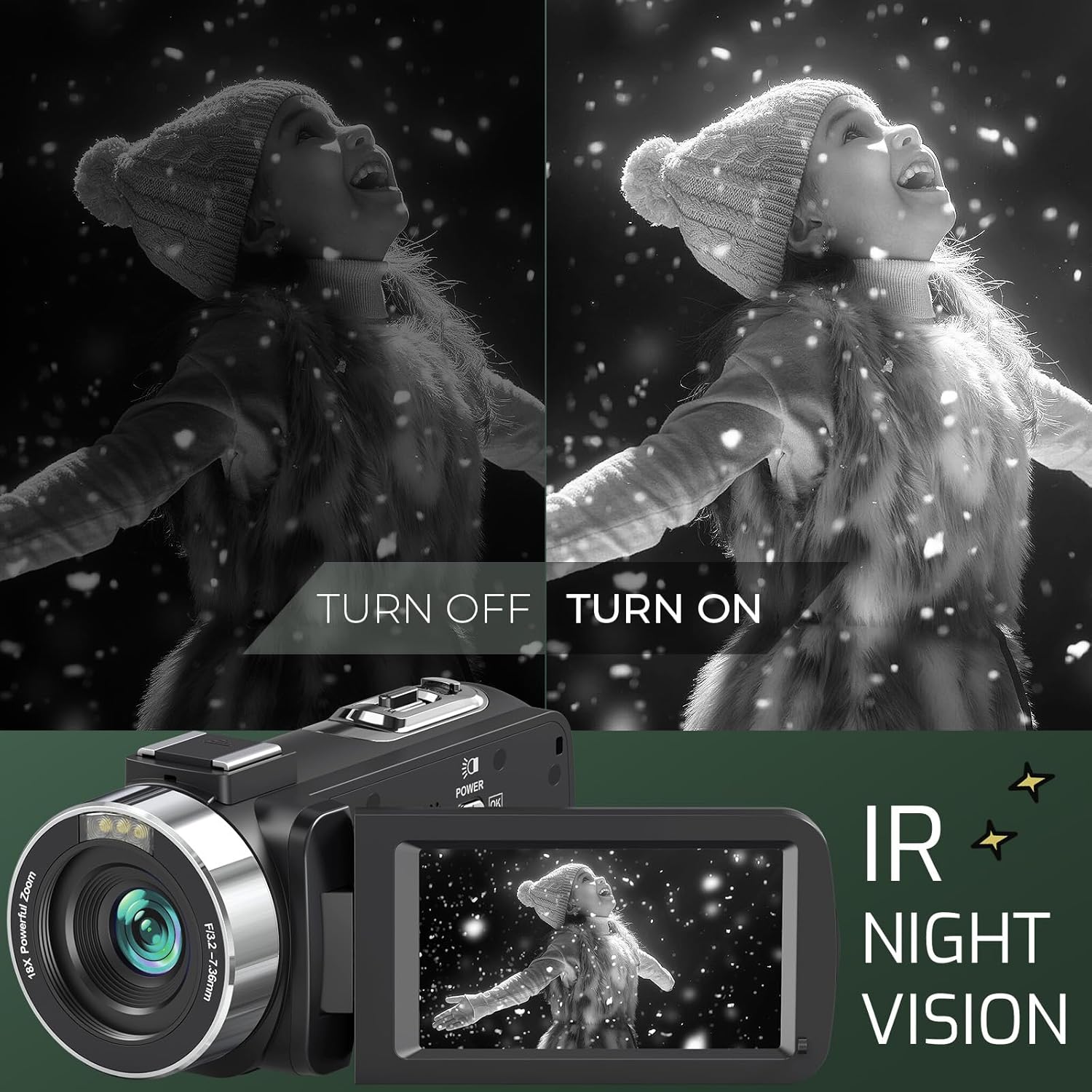 4K Video Camera Camcorder Ultra HD 80MP Vlogging Camera for YouTube 18X Digital Zoom 3.0" IPS 270° Screen IR Night Vision Camcorder Recorder with 32GB SD Card, Lens Cap and 2 Batteries - Image 3