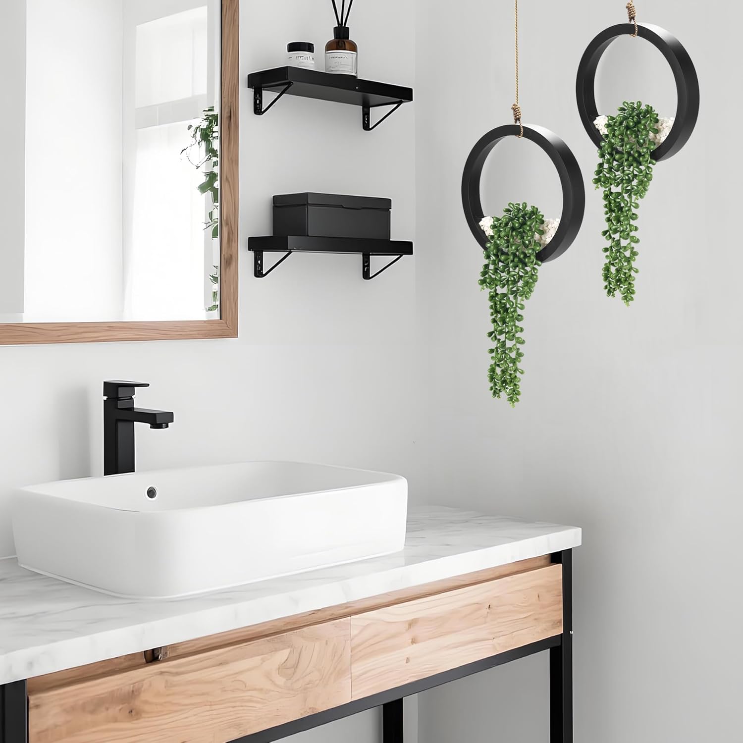 Der Rose 2 Pack Fake Plants Hanging Artificial Succulents Plants in Black Pots for Living Room Bathroom Accessories Boho Farmhouse Wall Decor - Image 4