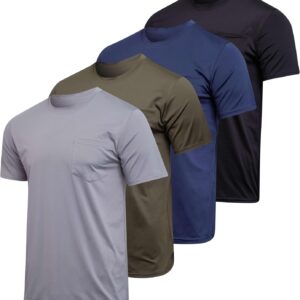 Real Essentials 4 Pack: Men’s Dry-Fit Short Sleeve Pocket Crew Performance Athletic T-Shirt (Available in Big & Tall)