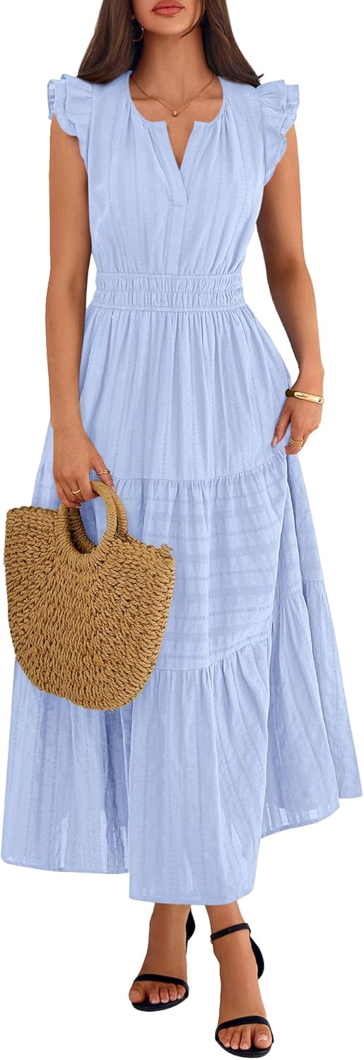 BTFBM Dresses for Women Spring 2026 Maxi Casual Dress Flutter Short Sleeve V Neck Elastic Waist Boho Beach Vacation Pockets - Image 6