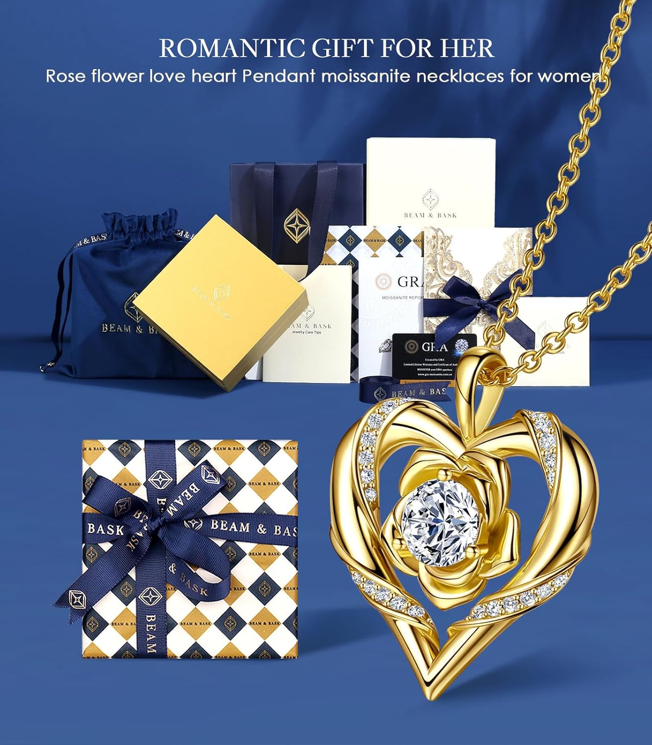 Beam & Bask Rose Flower Heart Moissanite Necklaces for Wife, S925 Silver Pendant for Women, 18K Gold Plated Jewelry for Her Girlfriend Mom for Anniversary Birthday - Image 3