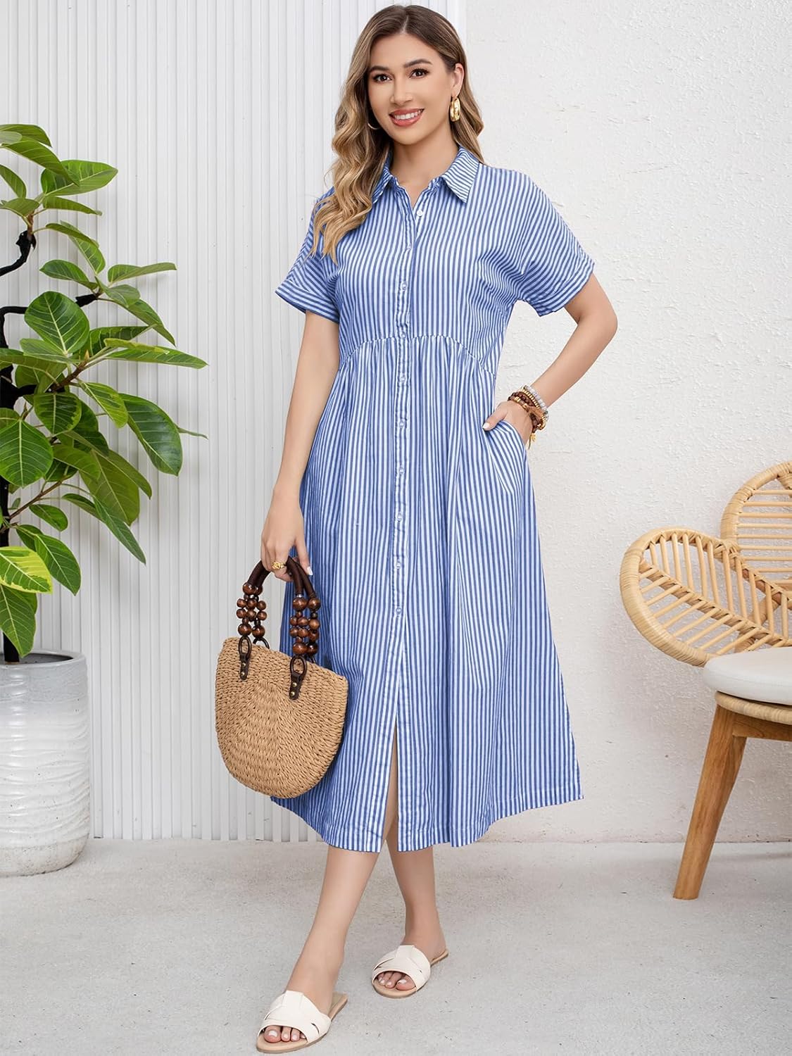 ebossy Women's Boho Striped Shirt Dress Button Up Side Slit Loose Mid Long Cotton Dress with Pockets - Image 3