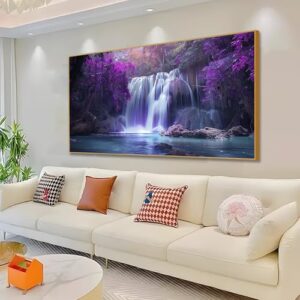 Waterfall Canvas Wall Art, Purple Tree Canvas Wall Art, Purple Landscape Painting, Purple Canvas Wall Art, Waterfall Pictures Wall Art, Nature Living Room Wall Decor, Office Decor (Gold Metal Frame, 69″x39″ | 174x98cm)
