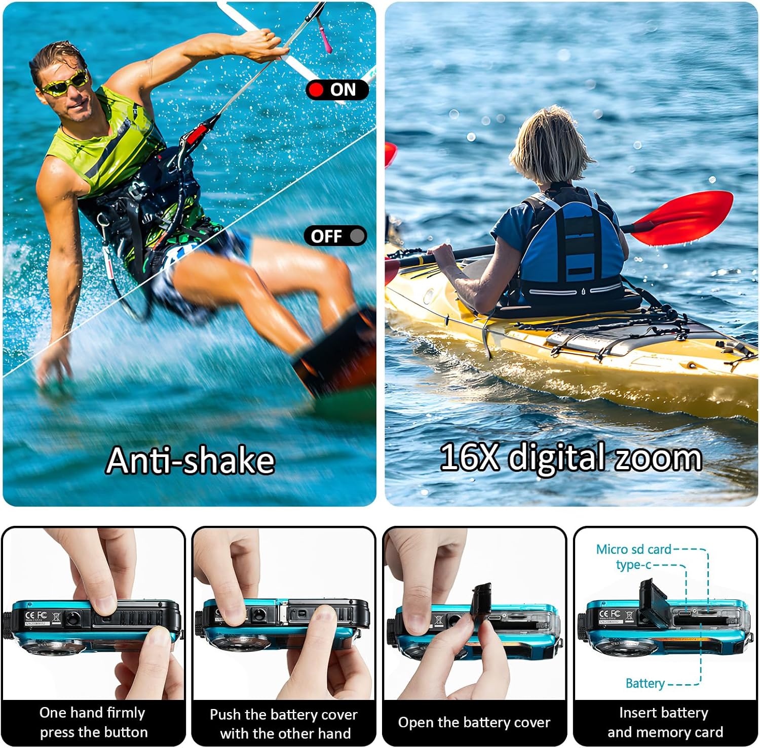 4K Underwater Camera 16FT Waterproof Camera with 32GB Card 64MP Autofocus Dual-Screen Selfie Underwater Camera for Snorkeling Waterproof Compact Floatable Digital Camera 1250mAh Battery Type-C (Blue) - Image 7