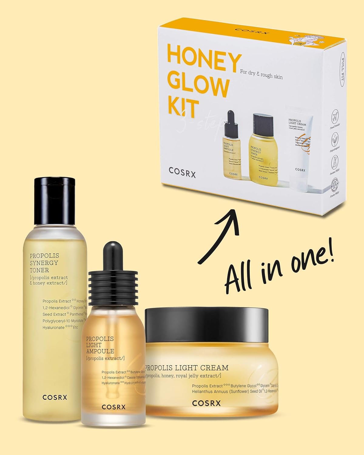 COSRX Honey Glow Kit, Korean Skin Care Set with Propolis Facial Toner, Serum, & Cream, Mini Travel Essentials, Deep Moisture, Hydration, Nourishment, Travel Size Gift Set, Korean Skin Care - Image 2