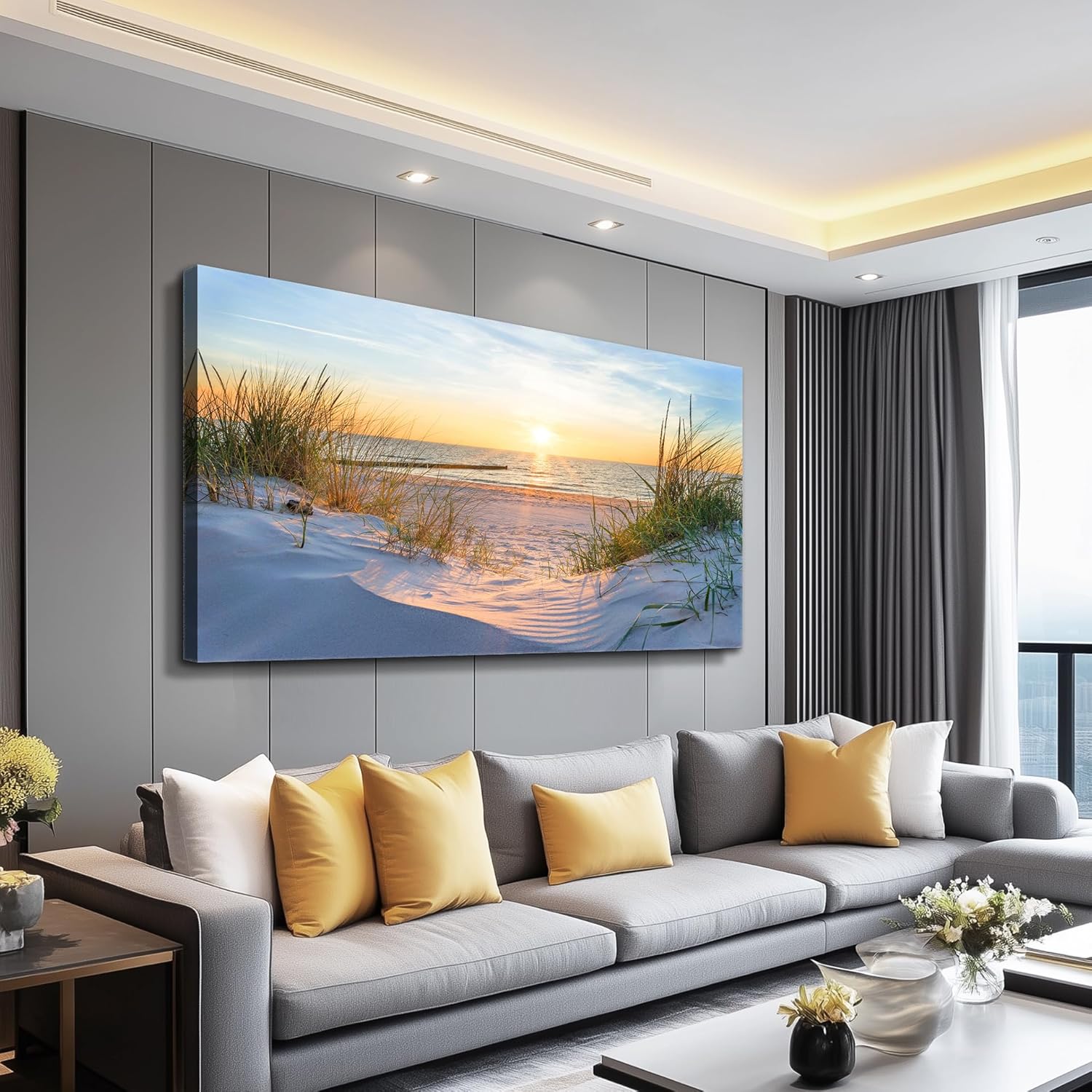 Canvas Wall Art For Living Room Super Large Size Wall Decor For Office Canvas Art Framed Pictures Artwork Blue Sun Beach Grass Ocean Landscape Paintings Bedroom Decor Seascape Draw Home Decorations - Image 2