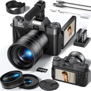 FLATIC Cameras for Photography, 6K 64MP Digital Camera with WiFi & Microphone for Youtuber, 16X Zoom Vlogging Camera with 180°Flip Screen, 64GB Card, 2 Batteries, Macro & Wide-Angle Lens, Card Reader