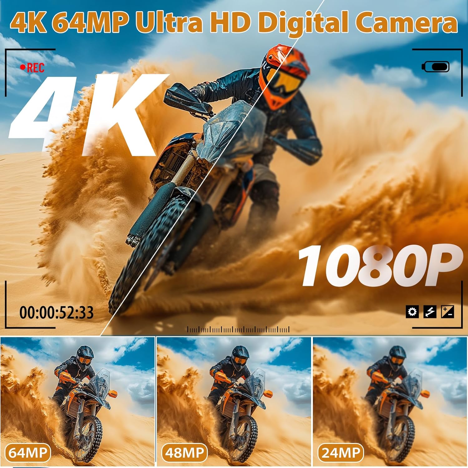 4K Digital Camera for Photography, 4K 64MP Vlogging Camera for YouTube with 3" 180° Flip Screen, Compact WiFi Camera with 18X Digital Zoom, 32GB Micro SD Card & 2 Batteries, Black - Image 2