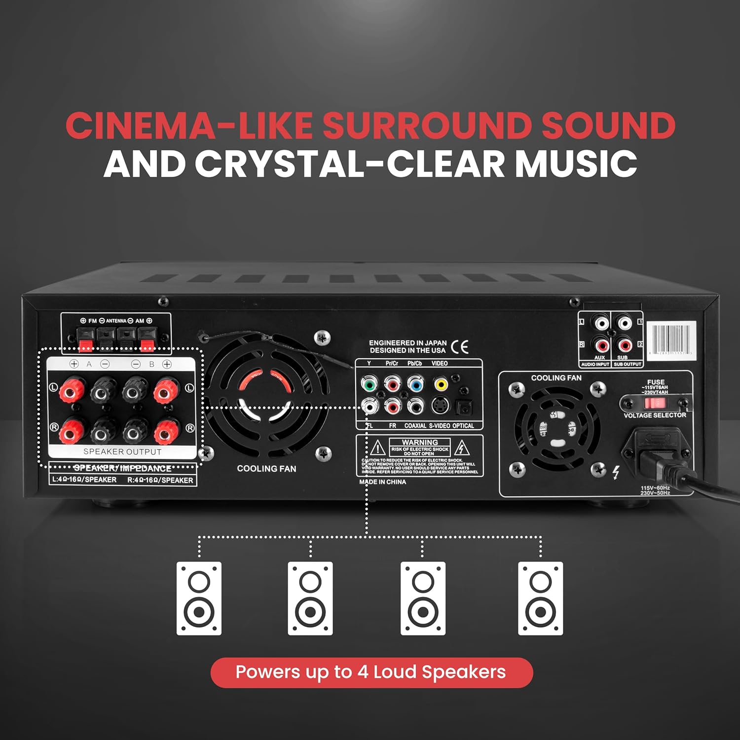 Pyle 4-Channel 1000W Power Amplifier with Bluetooth - Wireless Stereo Home Audio Receiver w/ Front Loading CD DVD Player, FM Radio, USB-A, Headphone, 2 Microphone w/ Echo, LED, Rack Mount - PD1000BA - Image 4