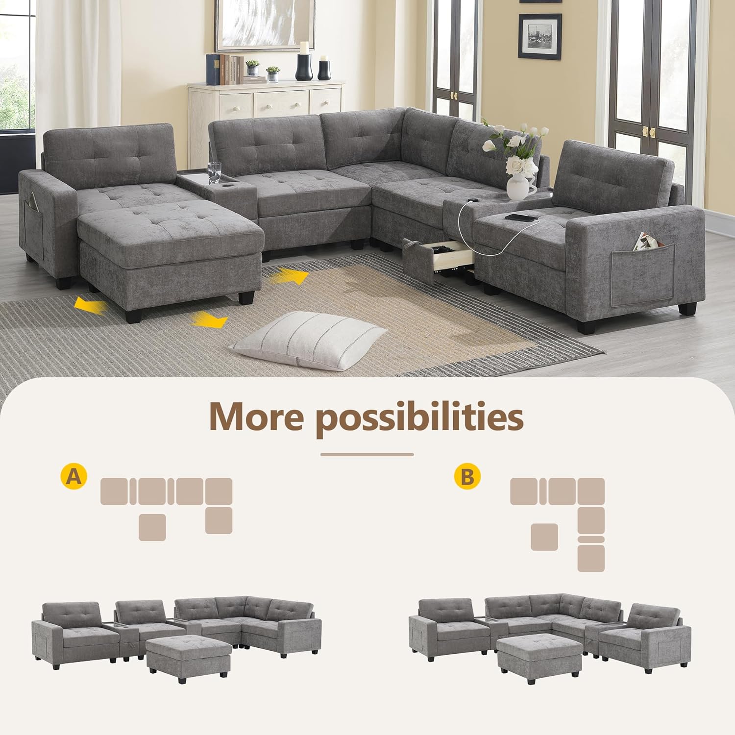 104'' Modular Sectional Sofa couch with 2 Acrylic Consoles, Oversized U Shaped Couch Set with USB Charger, Storage Drawers,Pockets and Movable Ottoman, Chenille Sectional Couches for Living Room ,Gray - Image 5
