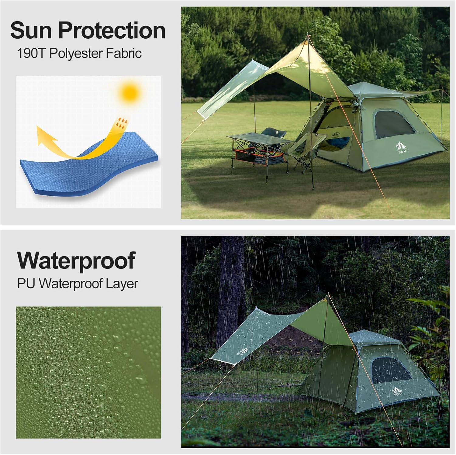 Night Cat 3-Person Camping Tent: Waterproof Instant Cabin Tent with Canopy Tarp for Family, 2-in-1 Canopy Tent with Porch Easy Setup - Image 5