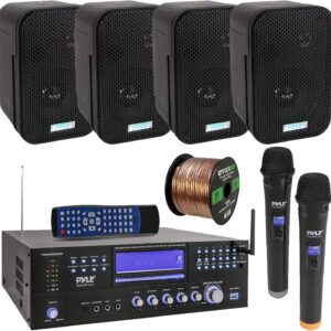 Pyle 3000W Bluetooth USB Home Theater Preamp AM/FM Stereo Receiver System with 2 Wireless Mics – Bundle Combo with 4x 3.5″ 300W Indoor/Outdoor Black Waterproof Speakers, 16 Gauge 50 Feet Speaker Wire