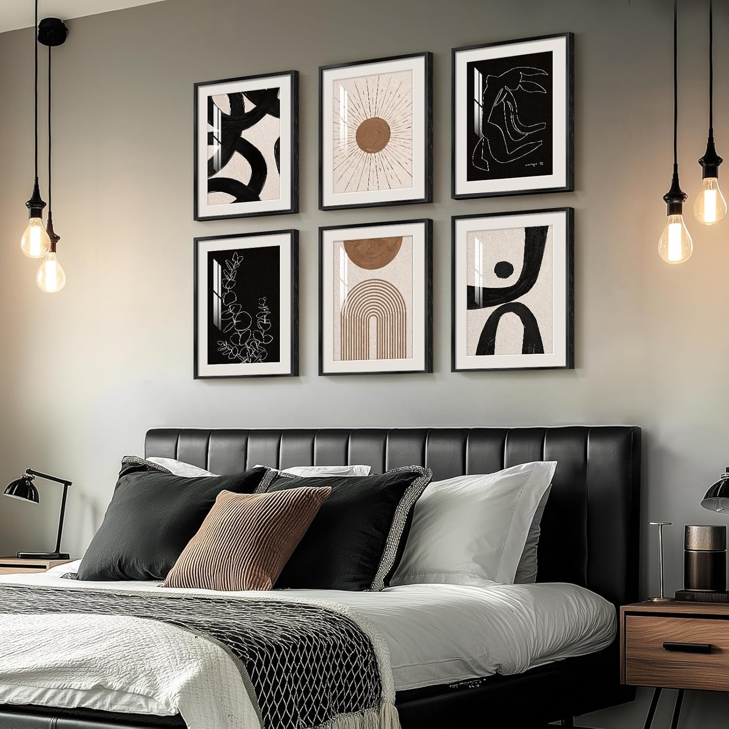 Framed Boho Black and White Brown Modern Abstract Wall Art for Living Room, Set of 6 Bohemian Wall Hanging Artwork, Minimalist Sun Geometric Pictures for Bedroom Office Bathroom Wall Decor 11x14 Inch - Image 2
